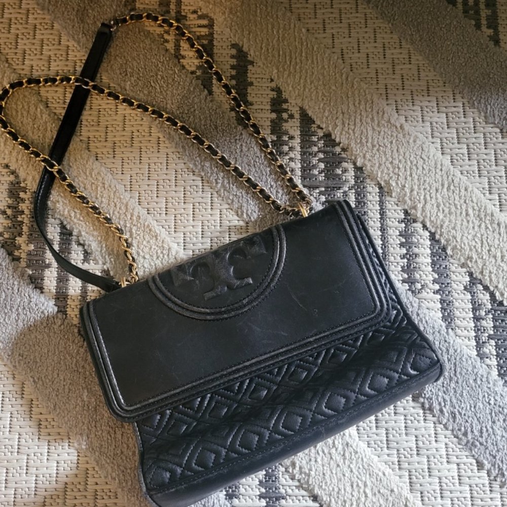 Tory Burch Flemming Quilted Convertible Chain Straps Crossbody Black Bag